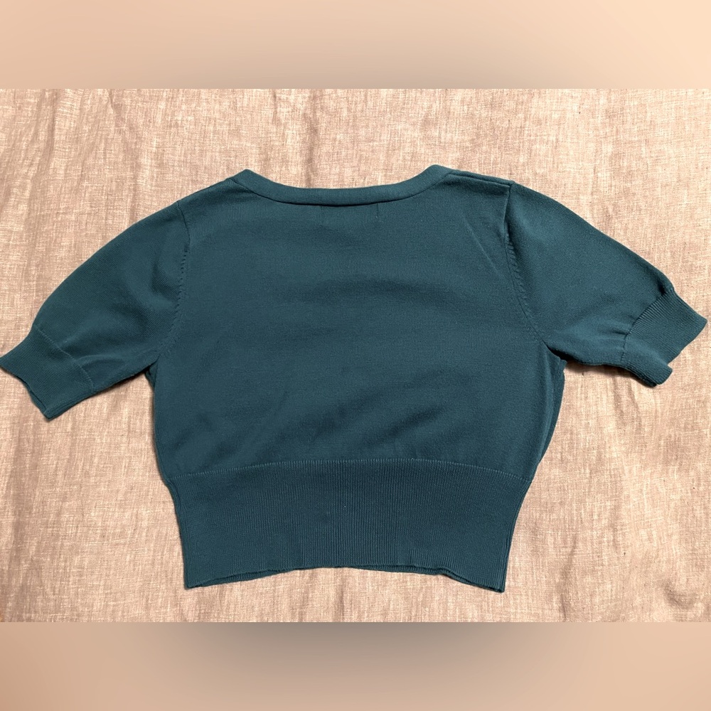 Mossimo size small 100% cotton Teal Knit Short Sleeve Cardigan cropped top euc - Picture 6 of 6